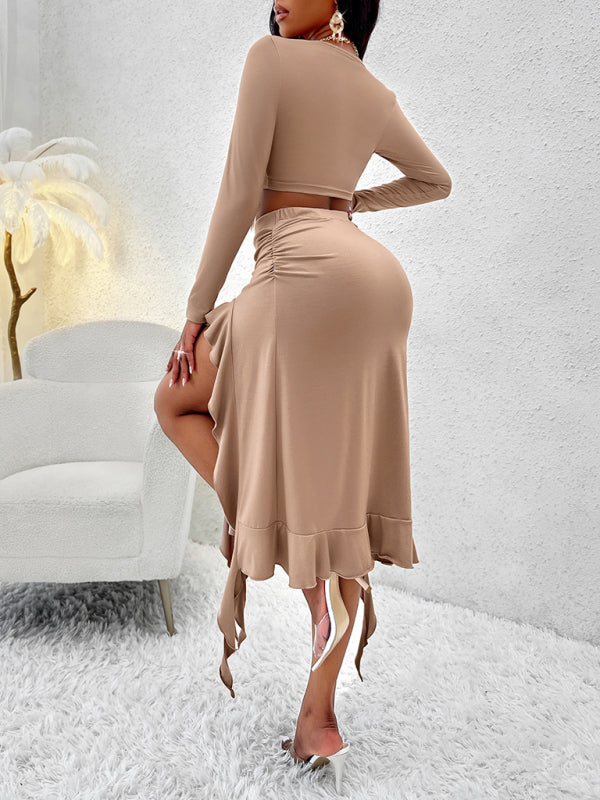 Women's Solid Color Round Neck Long Sleeve Top Ruffled Skirt Suit