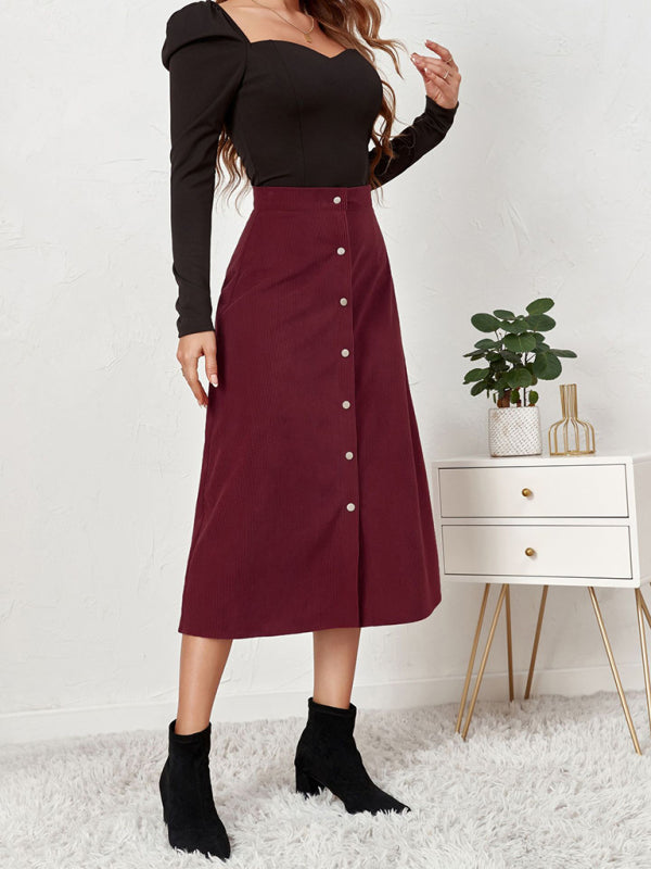 Women's Solid Color Corduroy Button Front A Line Midi Skirt